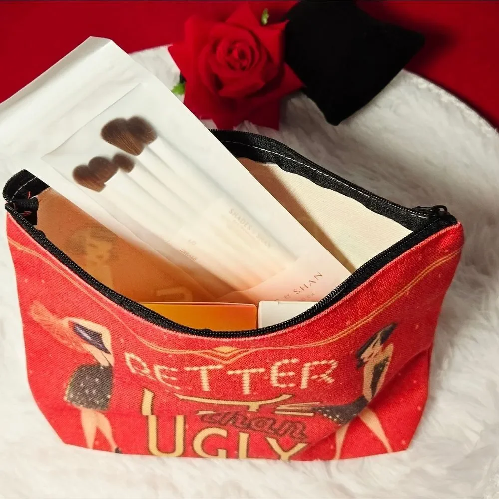 “Better Late Than Ugly” Makeup Bag Red Flapper Girls Retro Funny Zipper Pouch